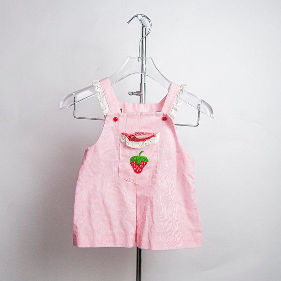 70s Vintage Pink Strawberry Pinafore Dress 2T / Pi - Picture 5 of 5